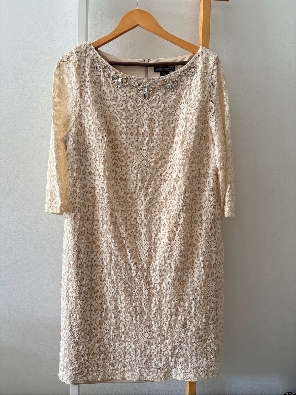 Jessica Howard Cream Lace Dress with Jeweled Neckline